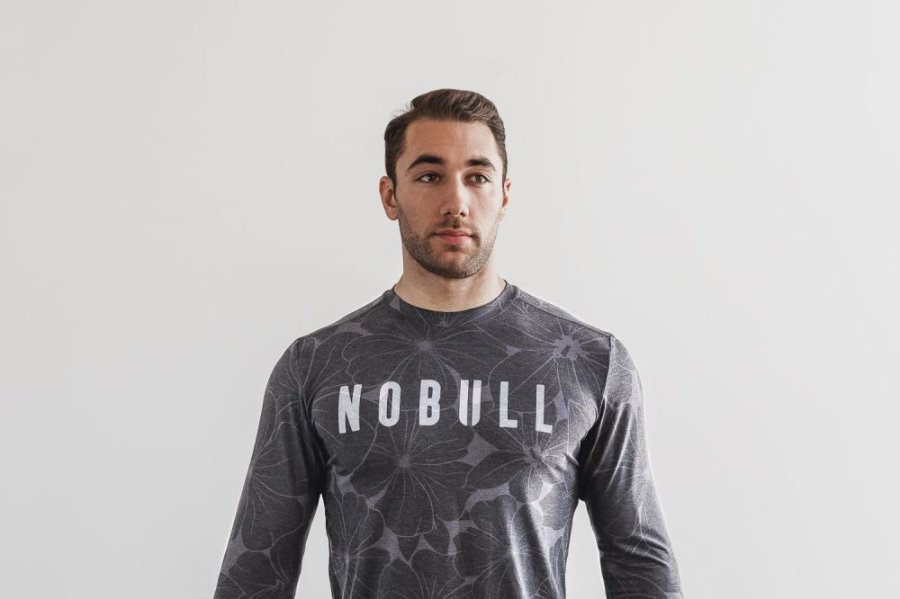 T Chemises Nobull Long Sleeve Tee (Hibiscus) Homme Grise | 0AUHYAEKH