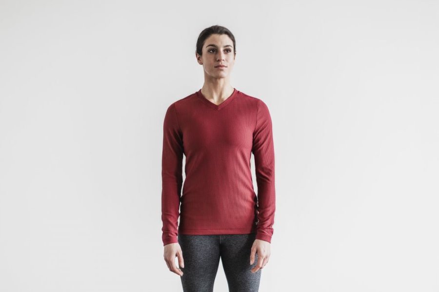 T Chemises Nobull V-neck Long Sleeve Waffle Femme Rouge | D23H0MODV