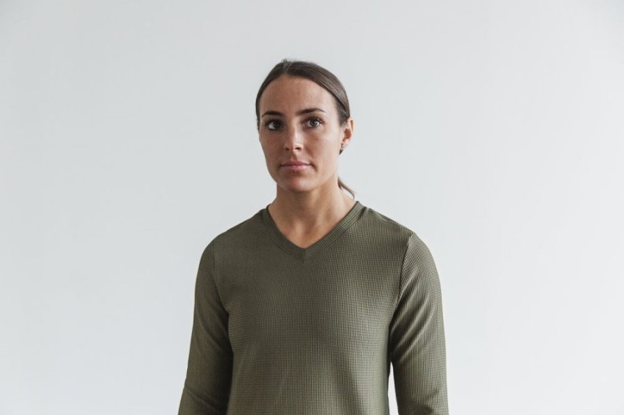 T Chemises Nobull V-neck Long Sleeve Waffle Femme Vert | O7ADHA00K