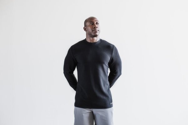 T Chemises Nobull Long Sleeve Waffle Homme Noir | ZXSMTZ5C6