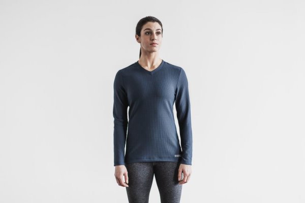 T Chemises Nobull V-neck Long Sleeve Waffle Femme Bleu Marine | DMGUXCNTS