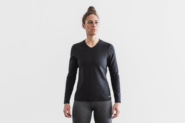 T Chemises Nobull V-neck Long Sleeve Waffle Femme Noir | FWCA564GG