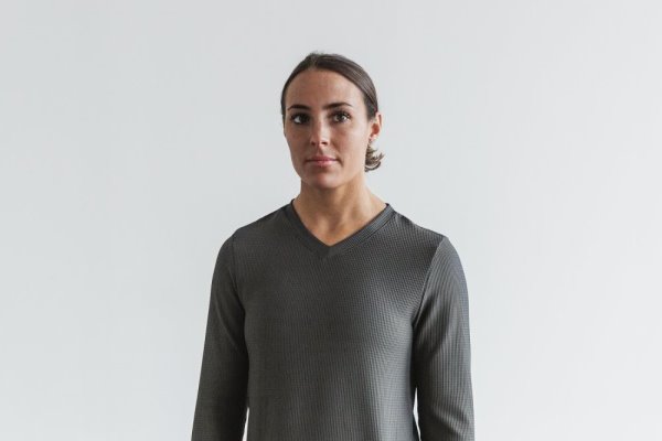 T Chemises Nobull V-neck Long Sleeve Waffle Femme Grise Foncé | KGQSII2N4